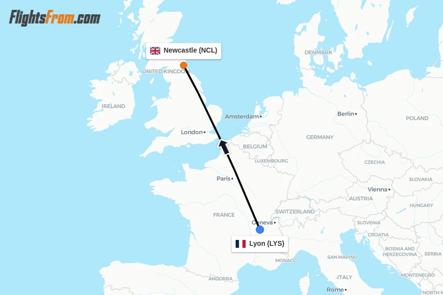 Flights from Lyon to Newcastle route map