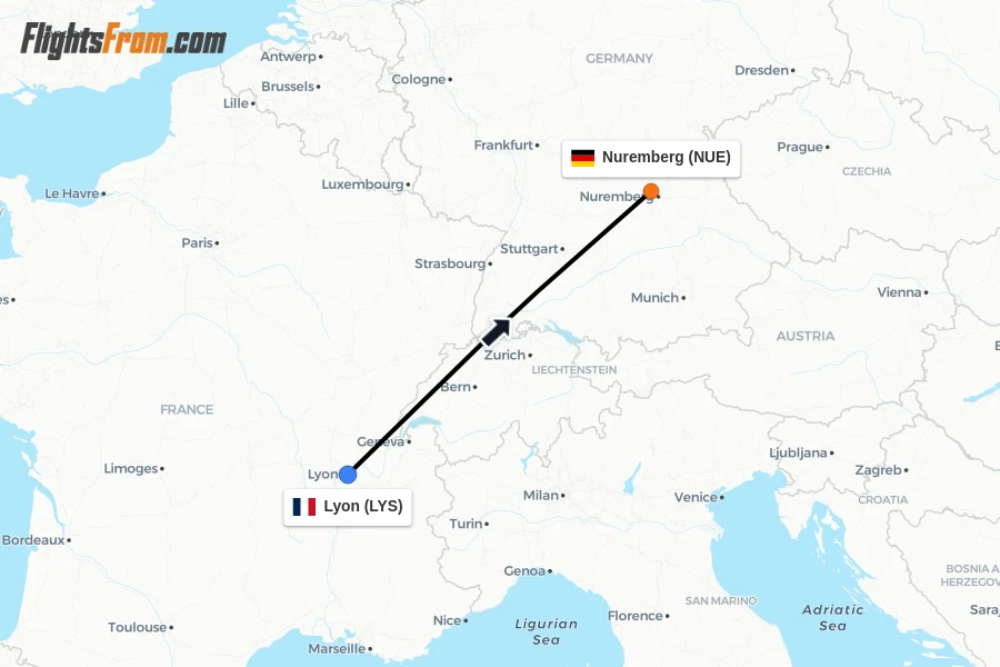 Flights from Lyon to Nuremberg route map