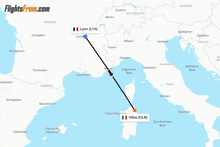 Flights from Lyon to Olbia route map