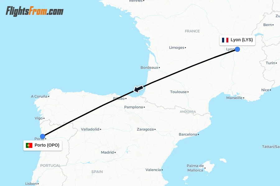 Flights from Lyon to Porto route map