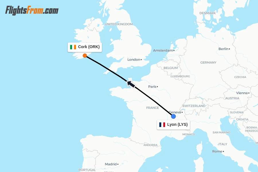 Flights from Lyon to Cork route map