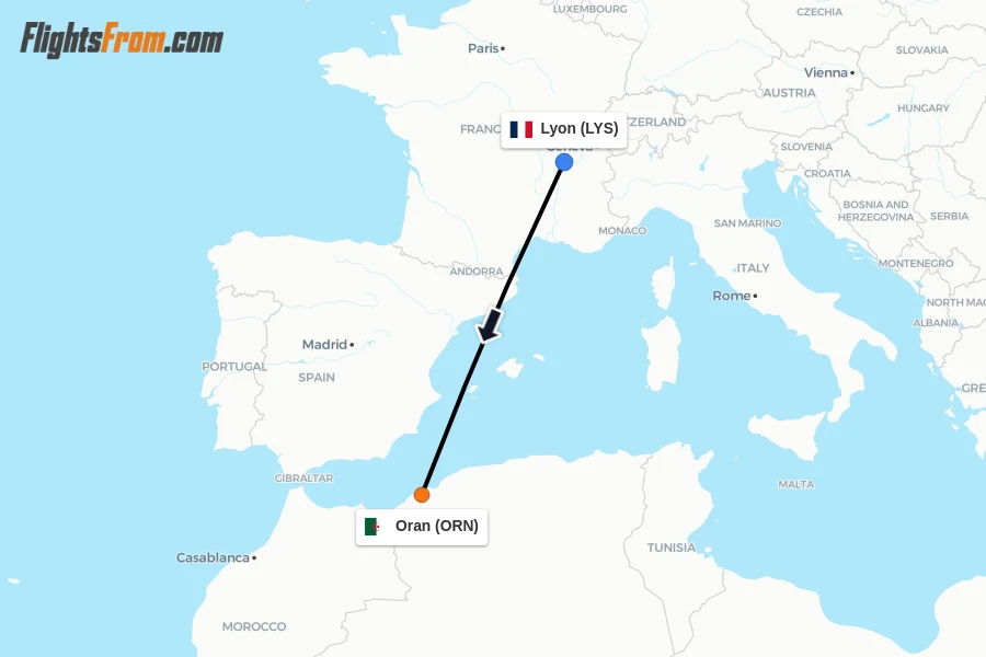 Flights from Lyon to Oran route map