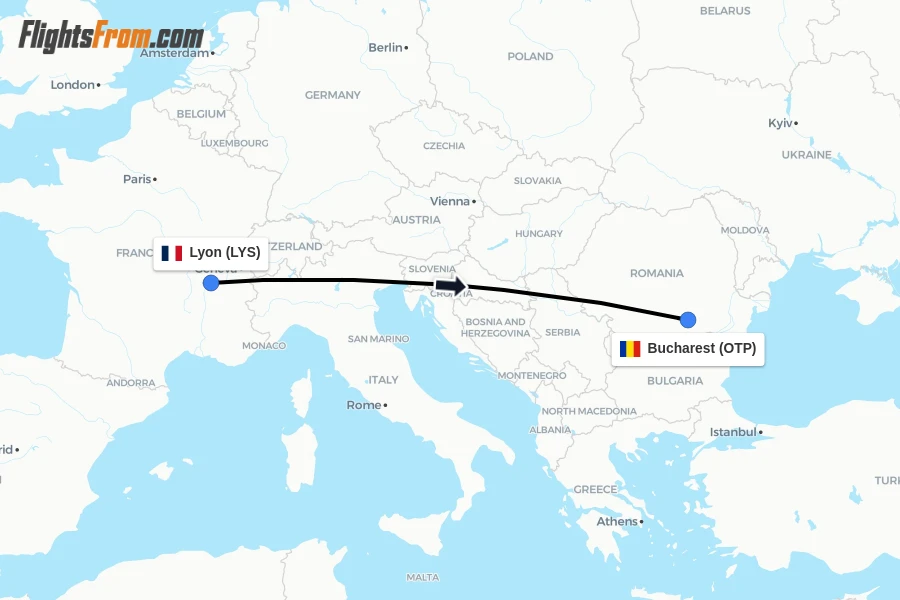 Flights from Lyon to Bucharest route map