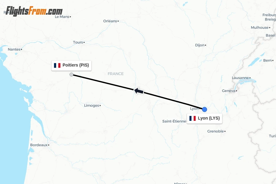 Flights from Lyon to Poitiers route map