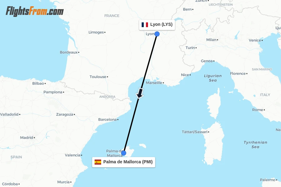 Flights from Lyon to Palma de Mallorca route map