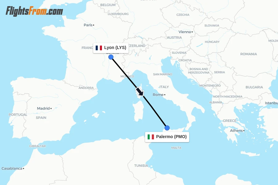 Flights from Lyon to Palermo route map
