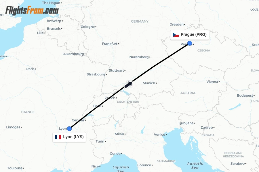 Flights from Lyon to Prague route map