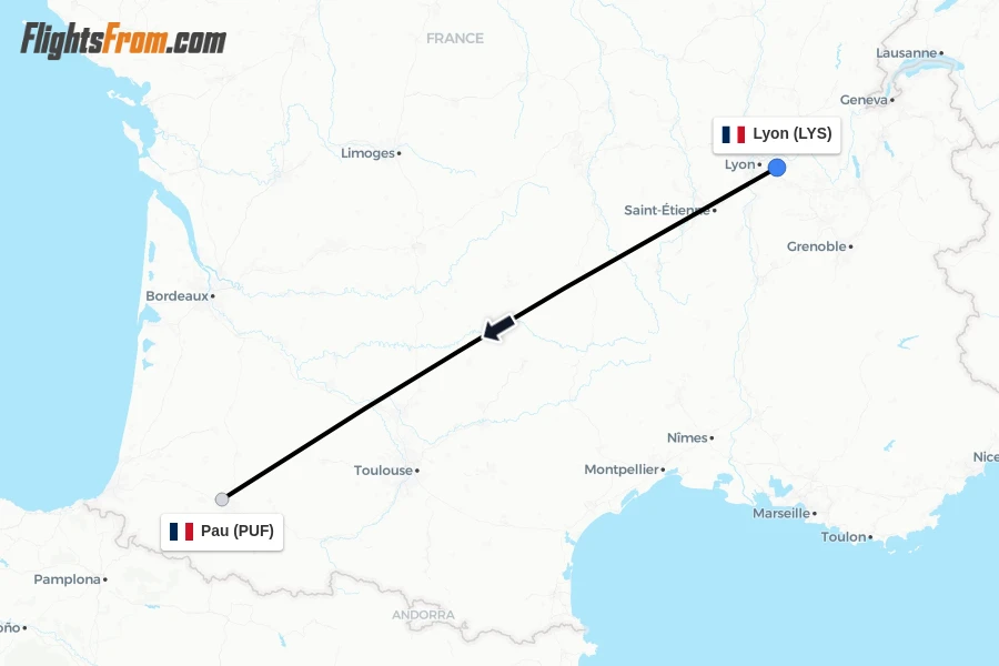 Flights from Lyon to Pau route map
