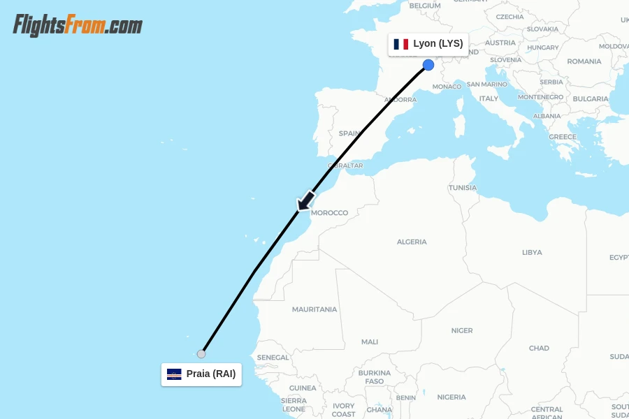 Flights from Lyon to Praia route map