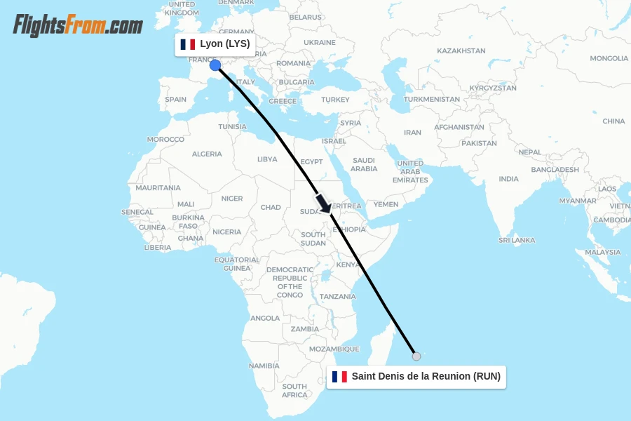 Flights from Lyon to Saint Denis de la Reunion route map