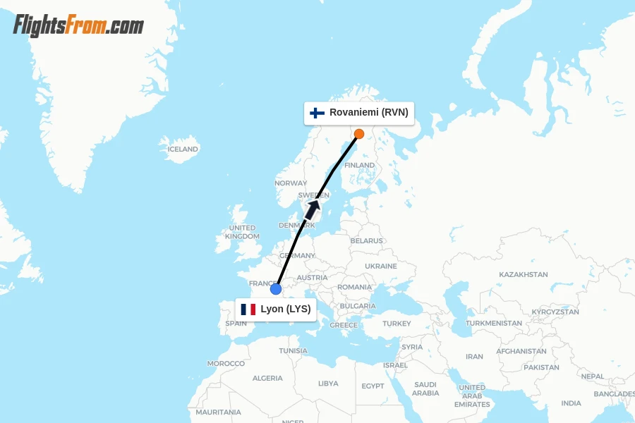 Flights from Lyon to Rovaniemi route map