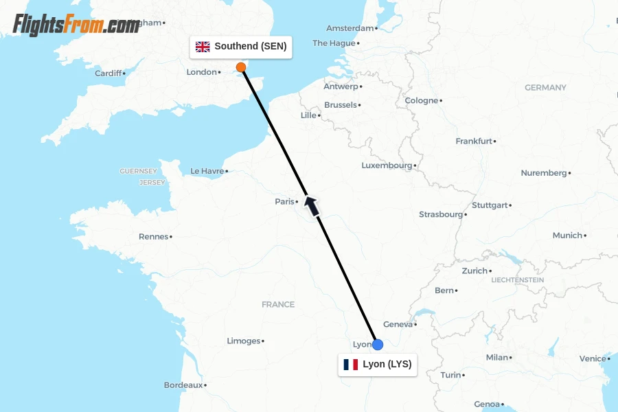 Flights from Lyon to Southend route map