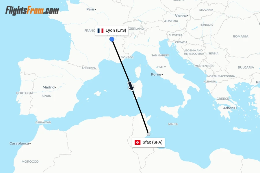 Flights from Lyon to Sfax route map
