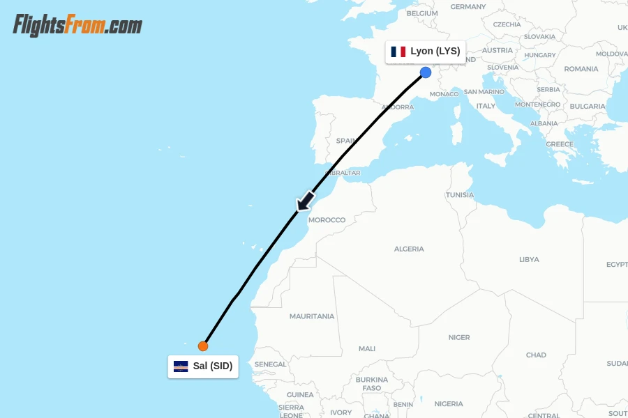 Flights from Lyon to Sal route map