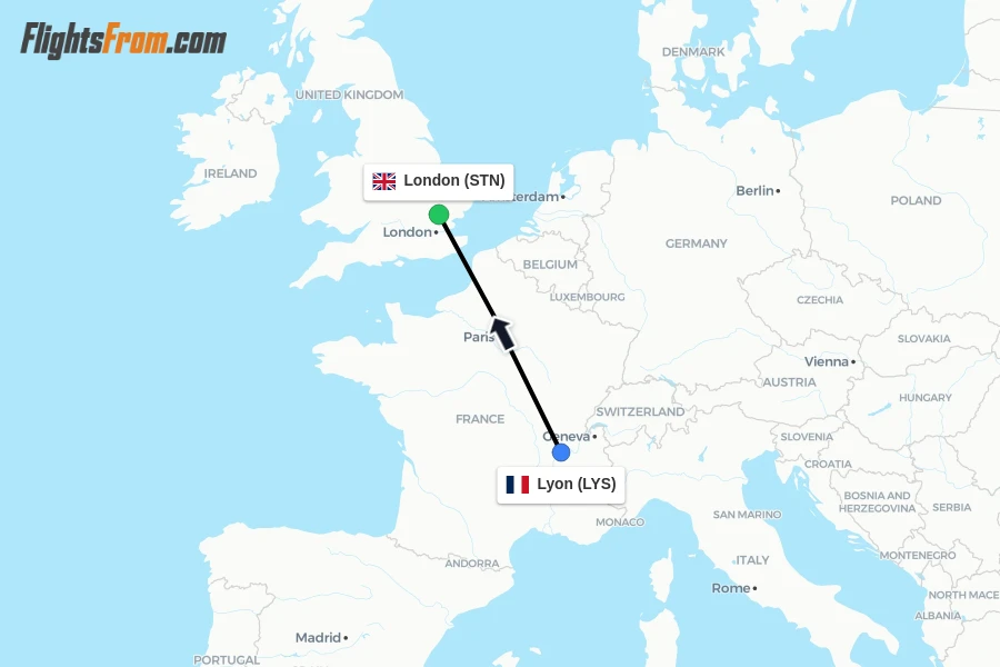 Flights from Lyon to London route map