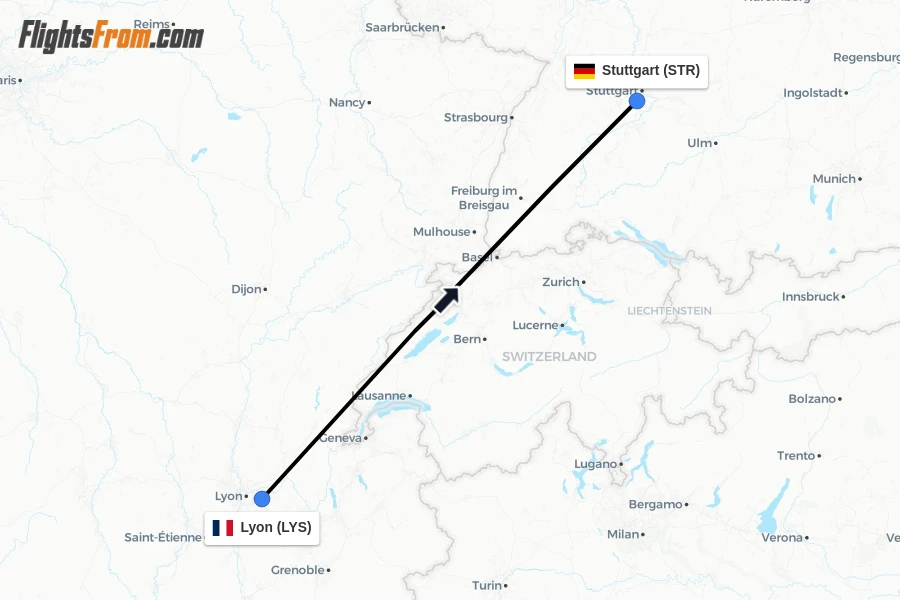 Flights from Lyon to Stuttgart route map