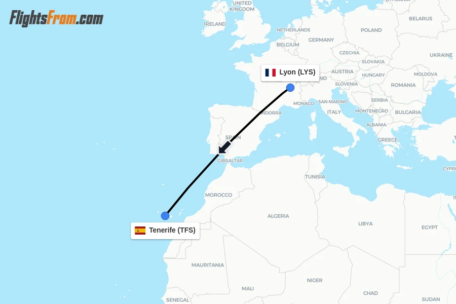 Flights from Lyon to Tenerife route map