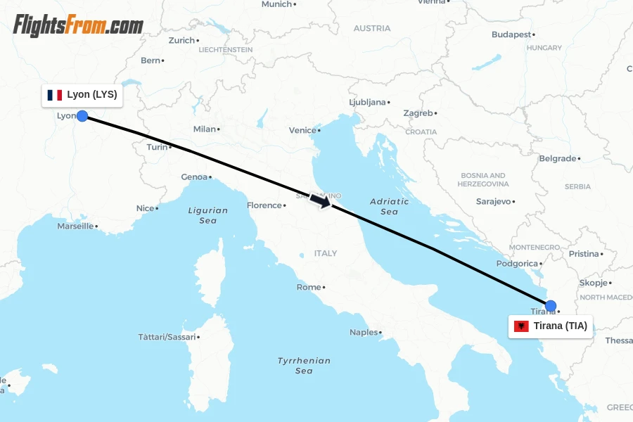 Flights from Lyon to Tirana route map