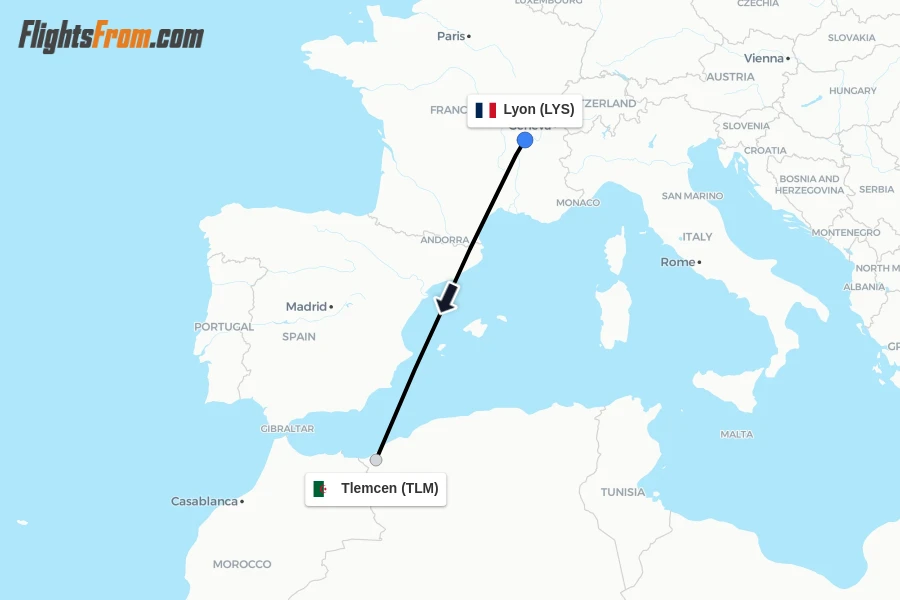 Flights from Lyon to Tlemcen route map