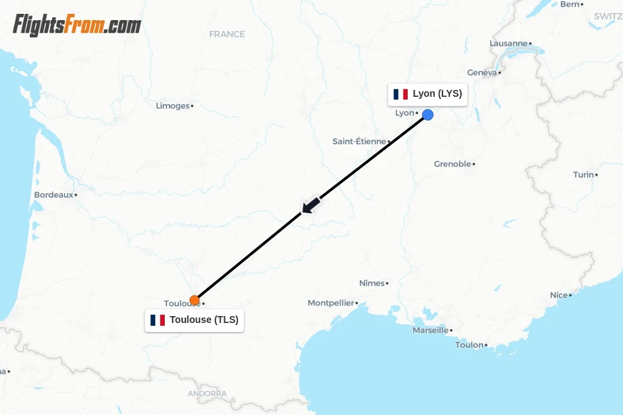 Flights from Lyon to Toulouse route map