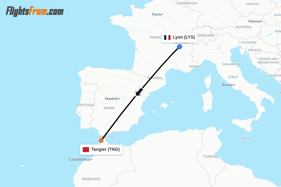 Flights from Lyon to Tangier route map