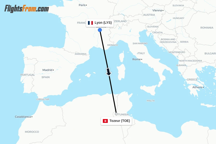 Flights from Lyon to Tozeur route map