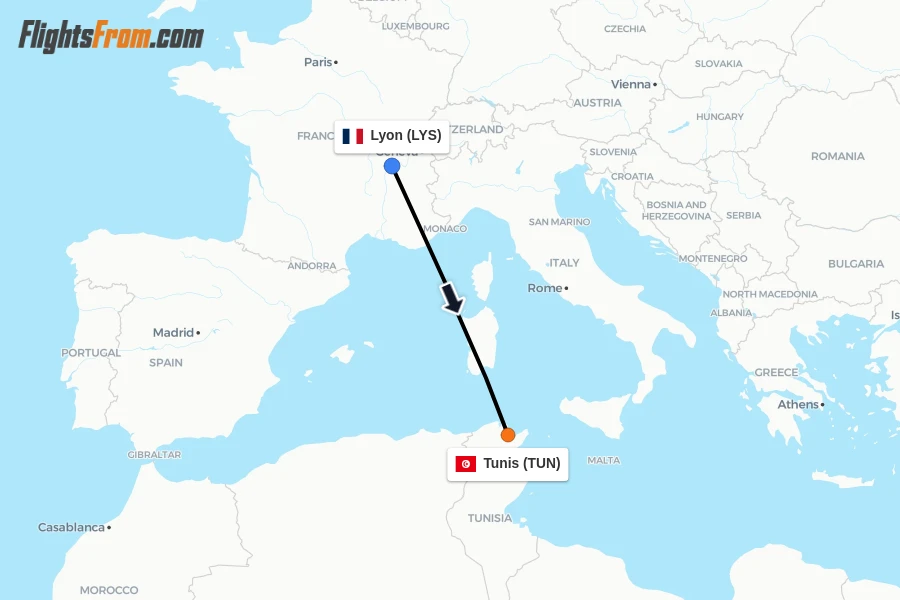 Flights from Lyon to Tunis route map