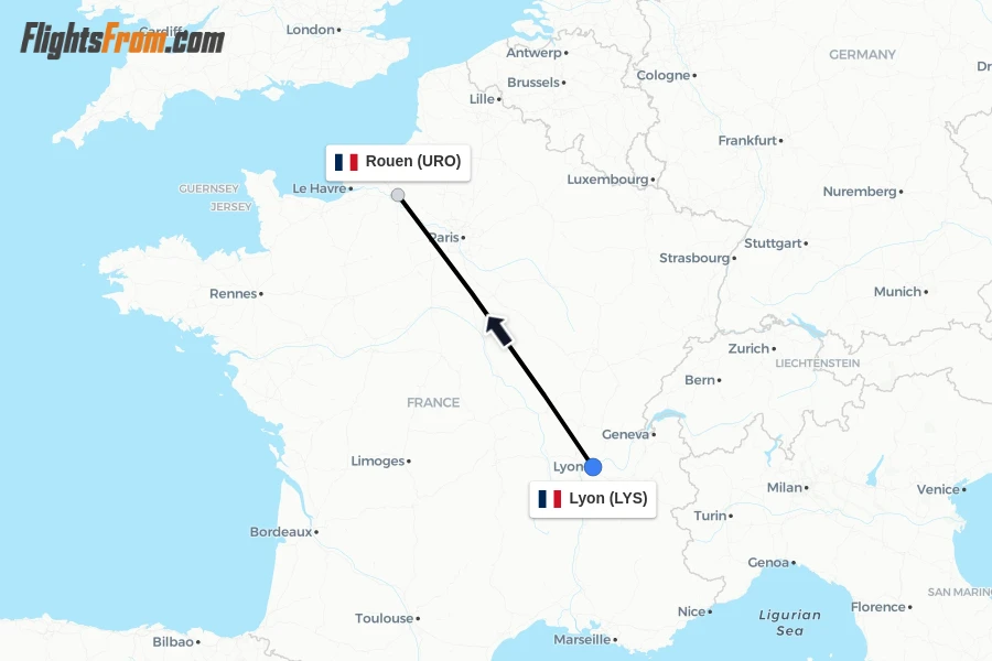 Flights from Lyon to Rouen route map