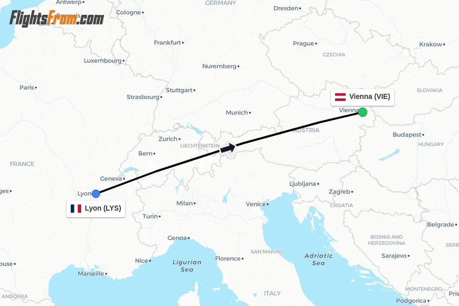 Flights from Lyon to Vienna route map