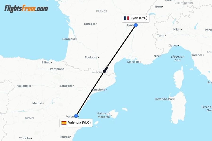 Flights from Lyon to Valencia route map