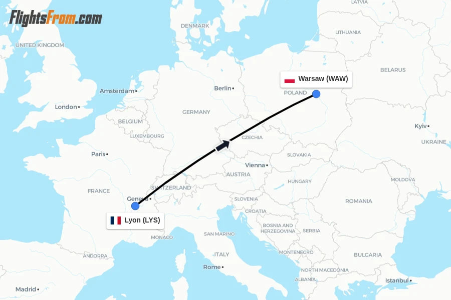 Flights from Lyon to Warsaw route map