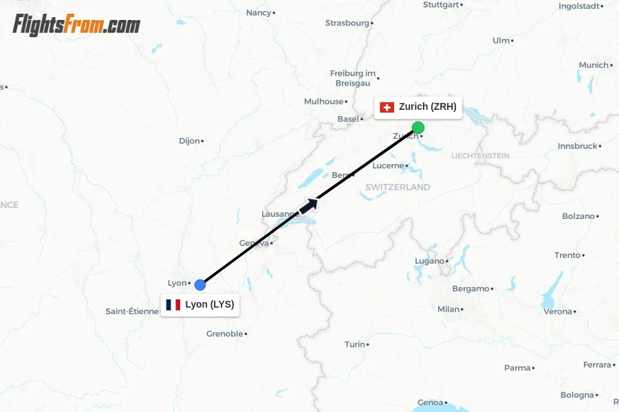 Flights from Lyon to Zurich route map