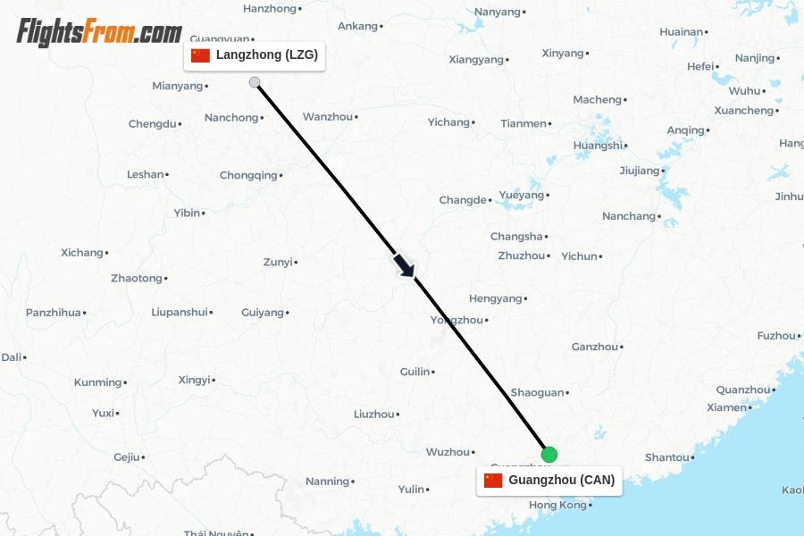 Flights from Langzhong to Guangzhou route map