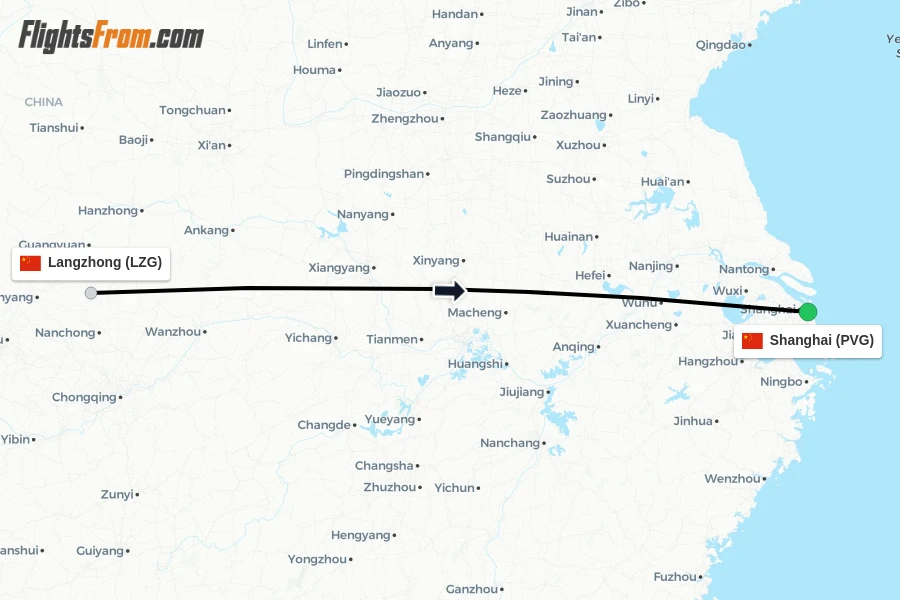 Flights from Langzhong to Shanghai route map