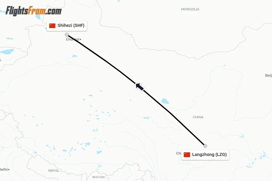 Flights from Langzhong to Shihezi route map