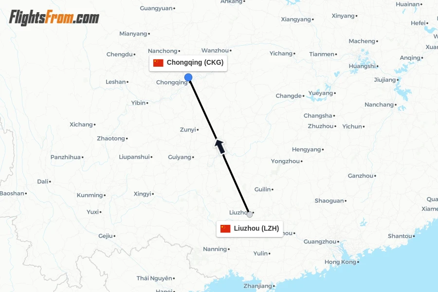 Flights from Liuzhou to Chongqing route map
