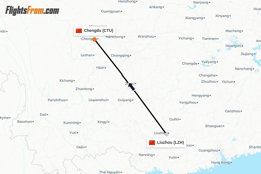 Flights from Liuzhou to Chengdu route map