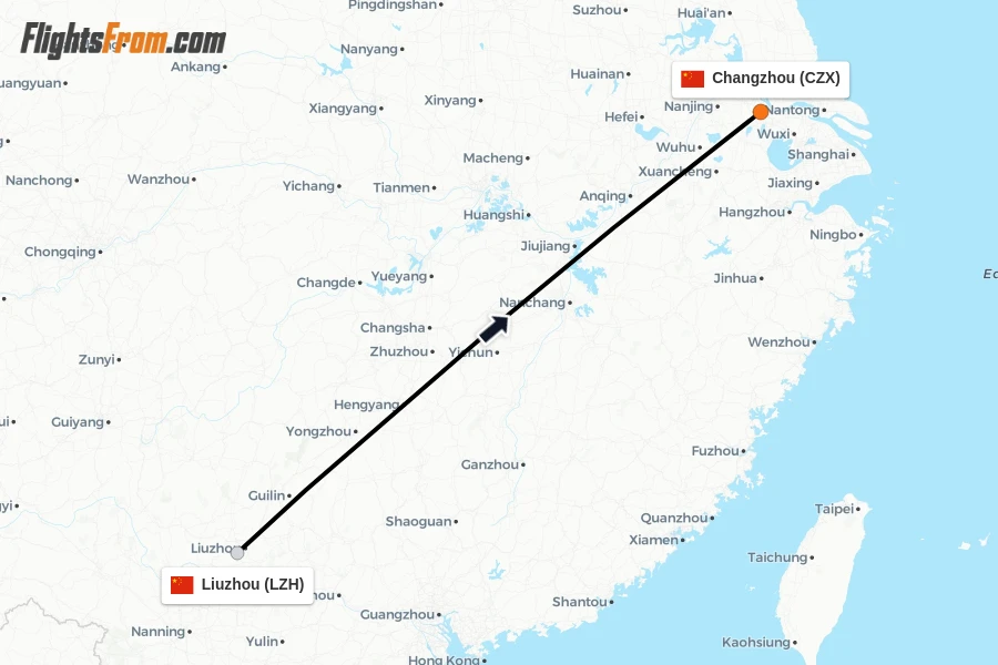Flights from Liuzhou to Changzhou route map