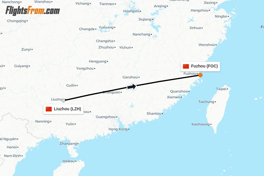 Flights from Liuzhou to Fuzhou route map