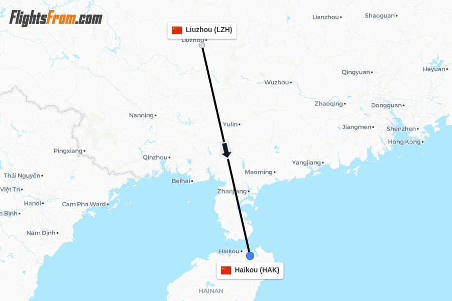 Flights from Liuzhou to Haikou route map