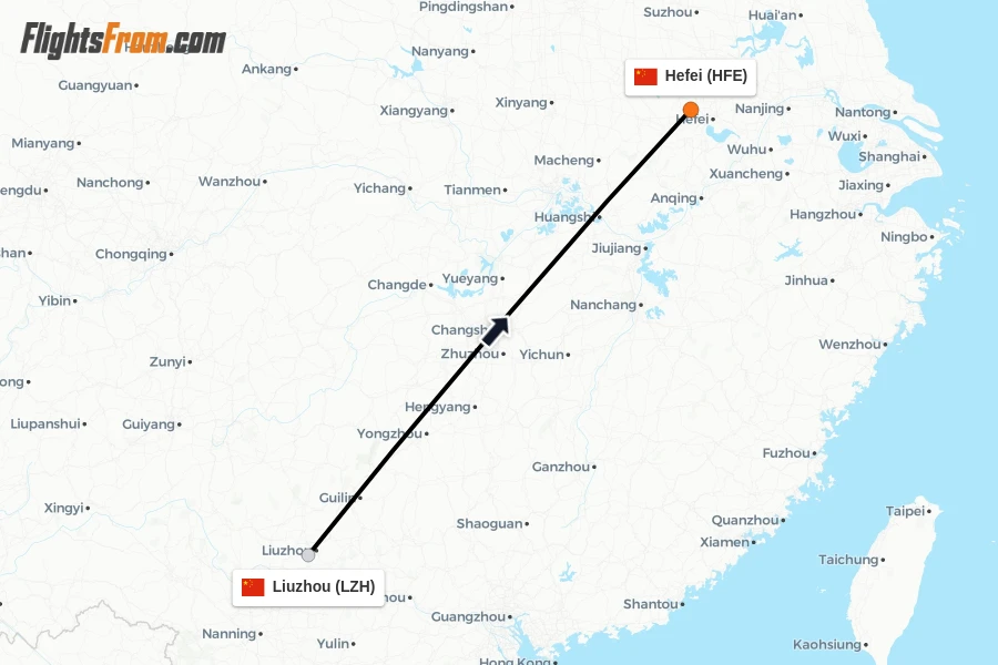 Flights from Liuzhou to Hefei route map