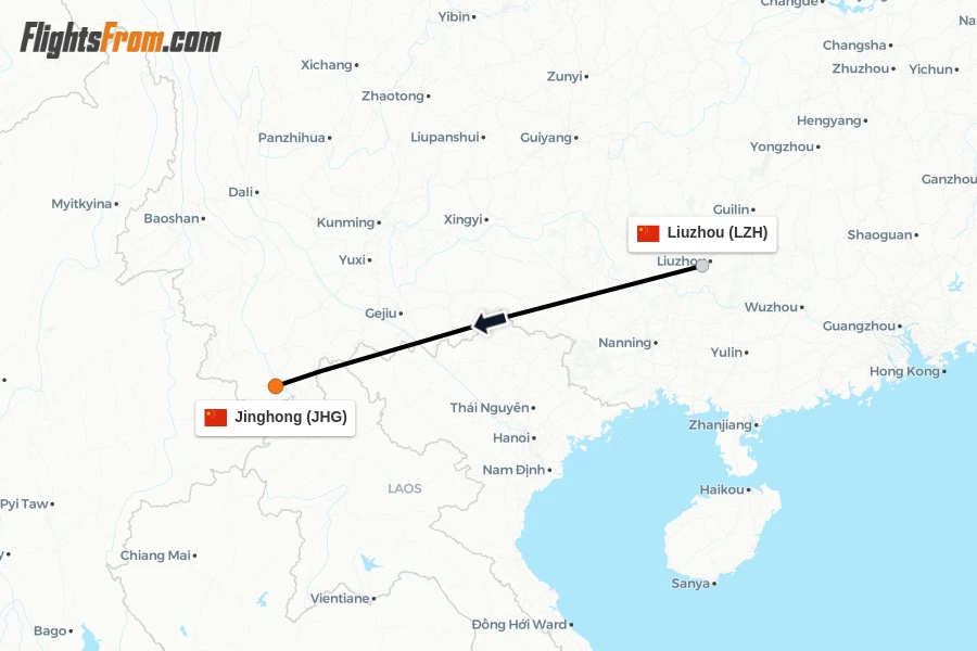 Flights from Liuzhou to Jinghong route map