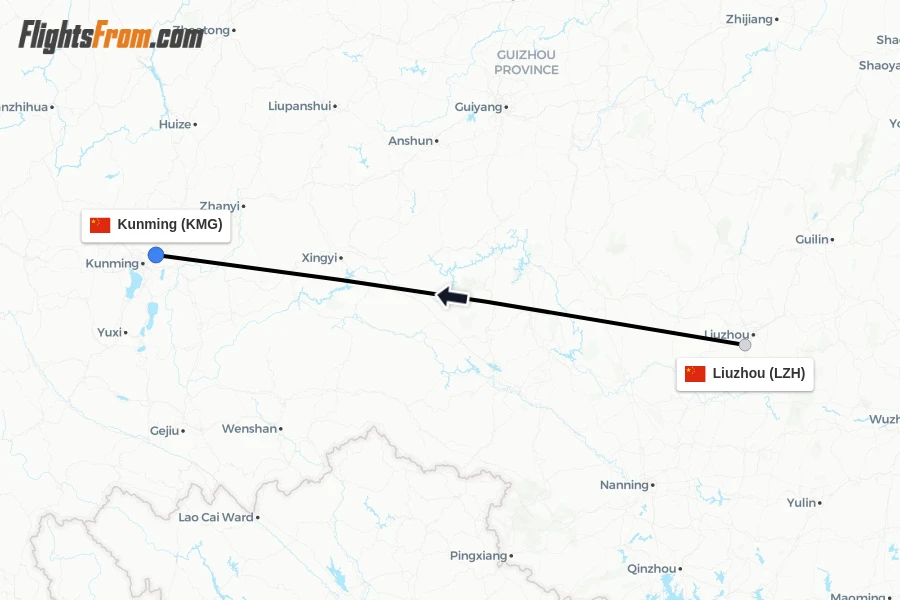 Flights from Liuzhou to Kunming route map