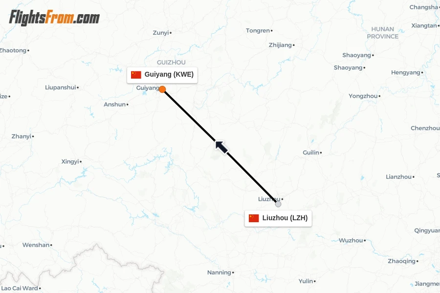 Flights from Liuzhou to Guiyang route map