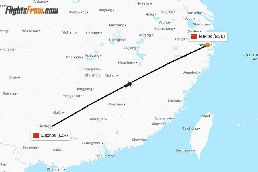 Flights from Liuzhou to Ningbo route map