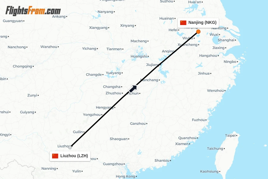 Flights from Liuzhou to Nanjing route map