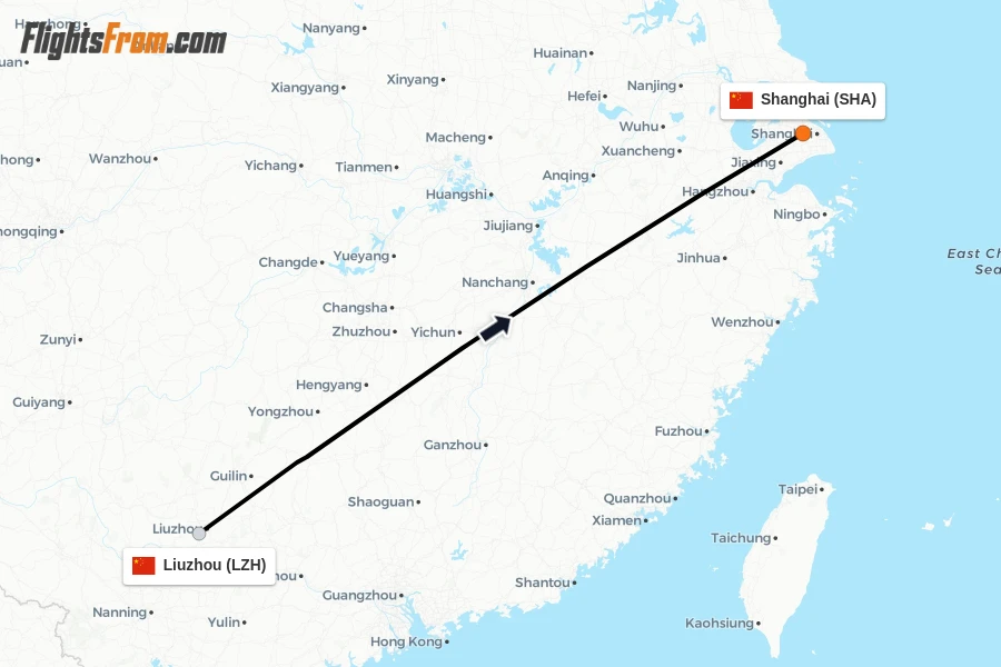 Flights from Liuzhou to Shanghai route map