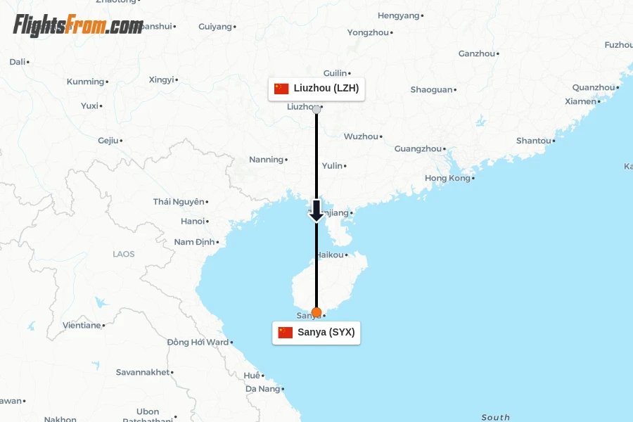 Flights from Liuzhou to Sanya route map