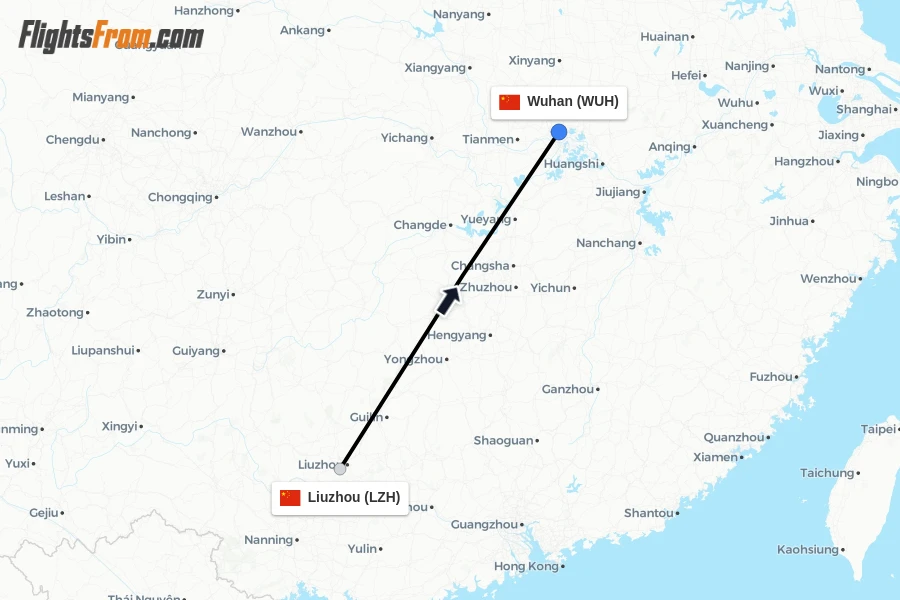 Flights from Liuzhou to Wuhan route map
