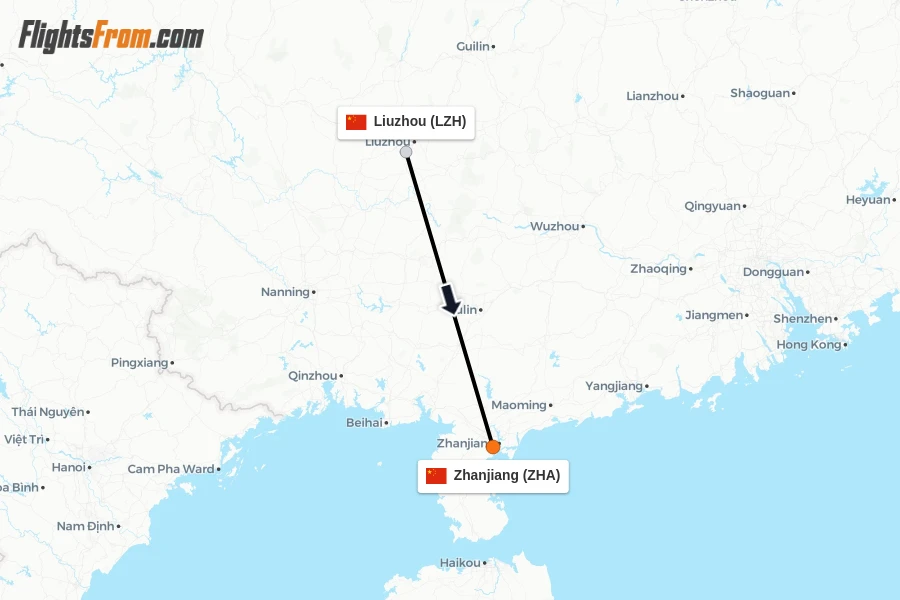 Flights from Liuzhou to Zhanjiang route map